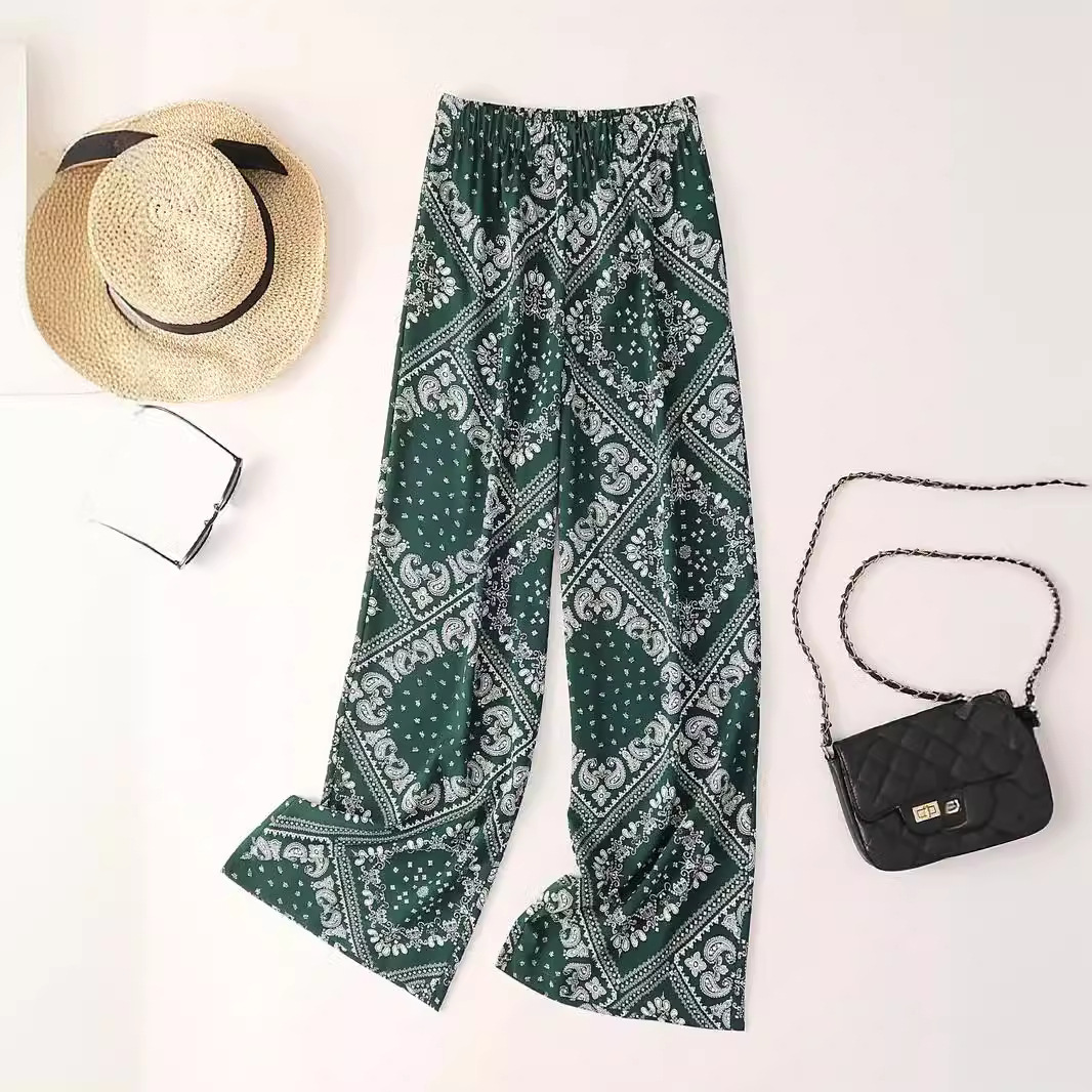 Women's Paisley Scarf Print Wide Leg Bohemian Casual Loose Pants Green - Shop at LoveMi