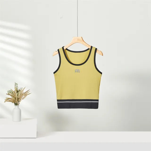 U neck Camisole Contrast Color Slim Fit Bodybuilding All match Yellow Green - Shop at LoveMi
