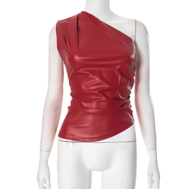 Women's Slant shoulder Pleated Leather Top Red - Shop at LoveMi