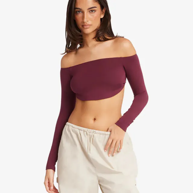 Off shoulder Yoga With Chest Pad Short Slim Fit Fitness Sports Top Wine Red - Shop at LoveMi