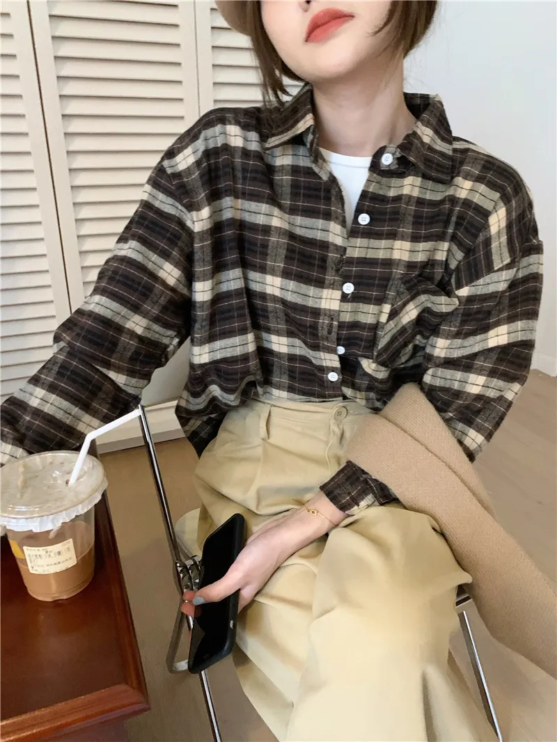 Polo Collar Brushed Shirt Women's Plaid Coat Top - Coffee
