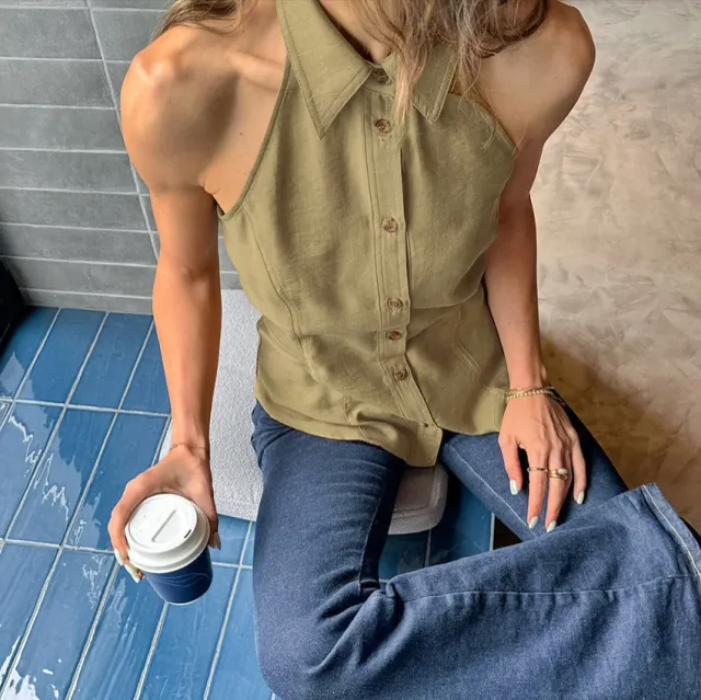 Women's Sleeveless Halter Strap Simple Slim Fit Backless Top Khaki - Shop at LoveMi