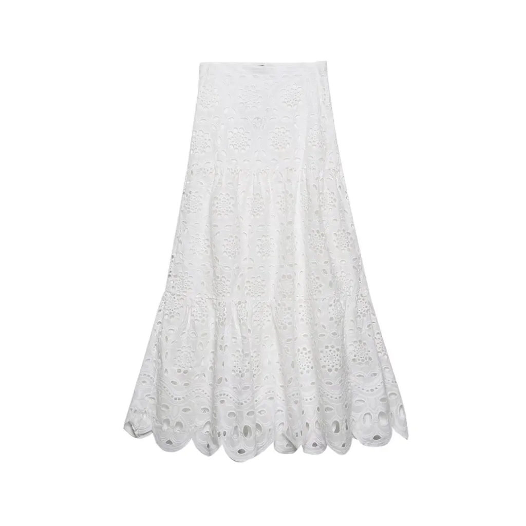 Temperament Leisure Summer New Foreign Trade Embroidery Openwork Blouse Skirt Two-piece Suit Fashion Leisure Suit - Skirt-L