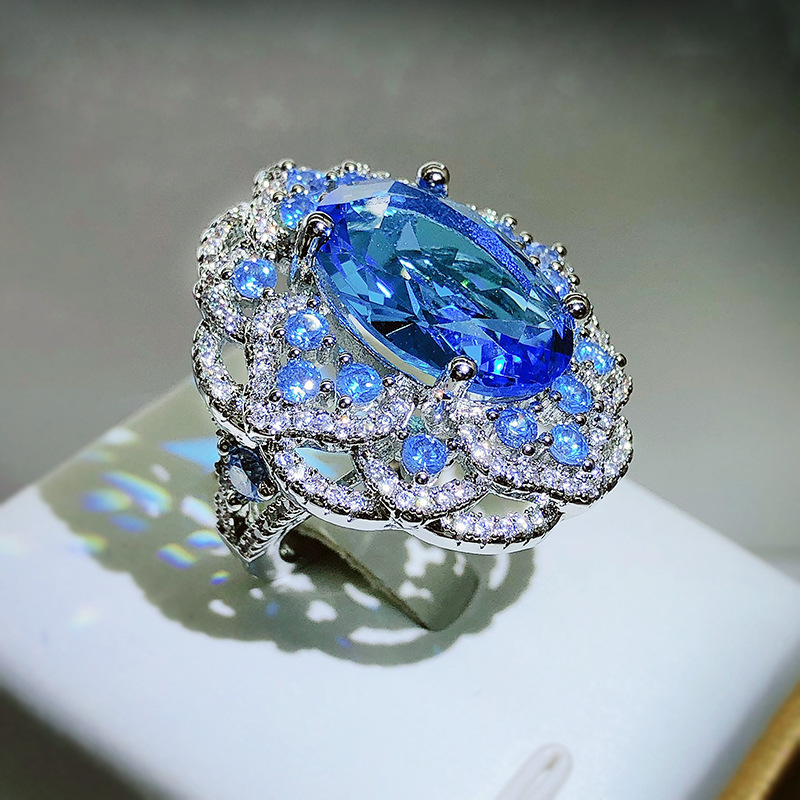 Artificial Ocean Blue Topaz Colored Gems Open Ring For Women