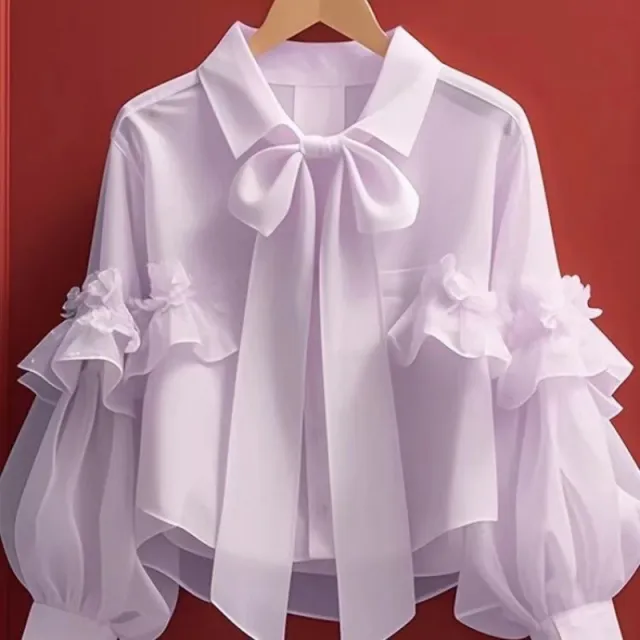 Women's Fashion Bowknot Long Sleeve Shirt Top Light Purple - Shop at LoveMi