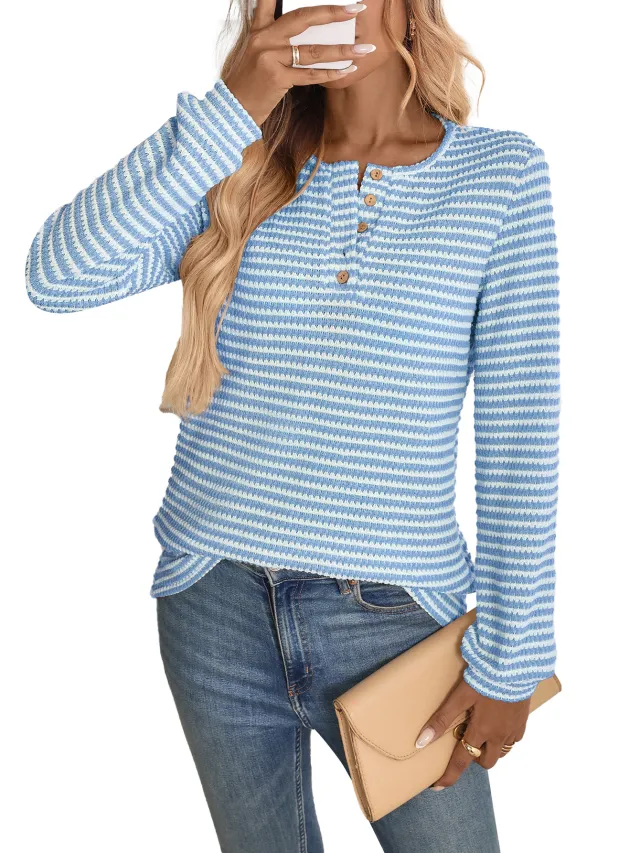 European And American Pineapple Grid Casual Button Round Neck T shirt Knitted Long Sleeve Blue - Shop at LoveMi