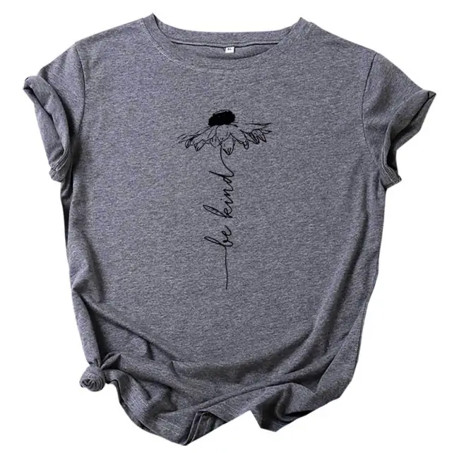 European And American Summer Women's Sunflower Printed Cotton Short sleeved T shirt Gray - Shop at LoveMi