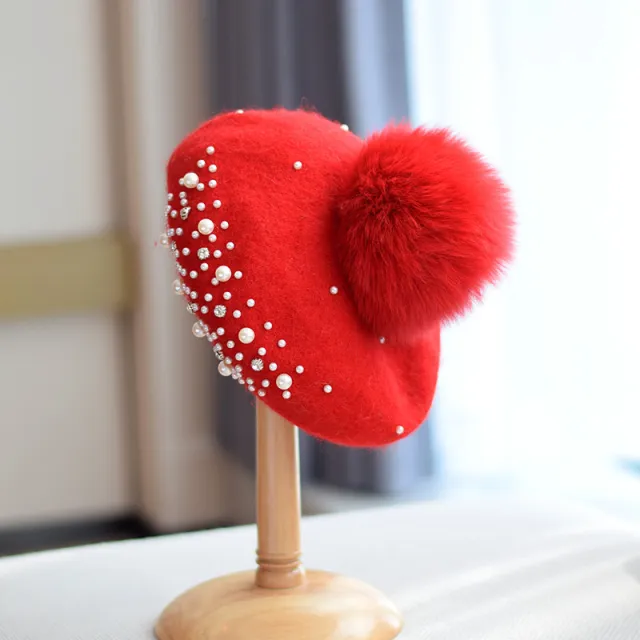 Fox Fur Ball Beret Female Woolen Pearl Big Red - Shop at LoveMi