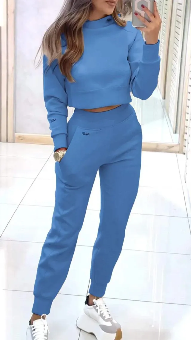 Stand Collar Sports Suit Fashion Pullover Long sleeves Short Top And Slim Trousers With Pockets Solid Outfits Women's Clothing Blue - Shop at LoveMi