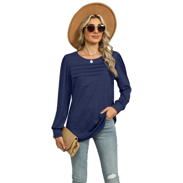 Solid Color U neck Pleated Long sleeved T shirt Top For Women Blue - Shop at LoveMi