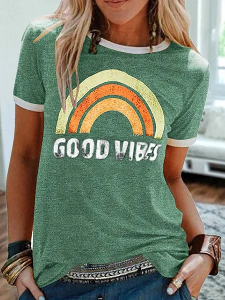 Women's Printed Round Neck Short Sleeve T shirt Green - Shop at LoveMi