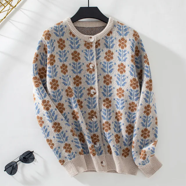 Lady's Flower Jacquard Sweater Cardigan Coat Apricot - Shop at LoveMi