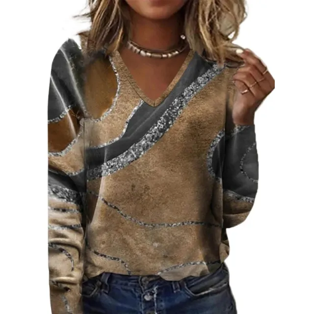 European And American New Fall Winter Fashion V neck Printed Long sleeved Top Women Yellow - Shop at LoveMi