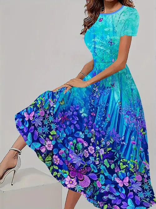 Trendy Casual All matching Floral Pattern Short Sleeve Round Neck Dress Floral - Shop at LoveMi