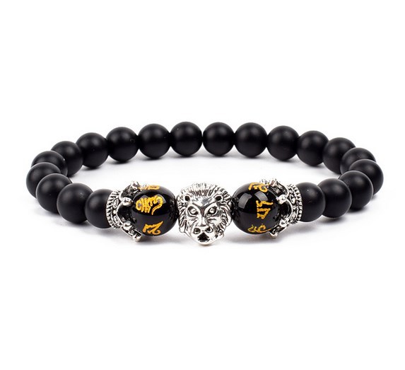 Antique Silver Lion-Head Agate Buddha Bead Bracelet