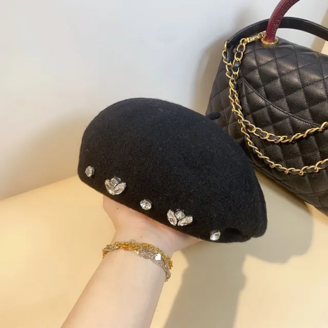 Women's Autumn And Winter British Rhinestone Wool Beret Black - Shop at LoveMi
