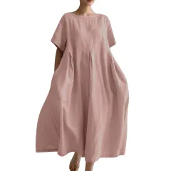 Women's Cotton And Linen Loose Round Neck Short Sleeve - Lotus Root Colour - View 1