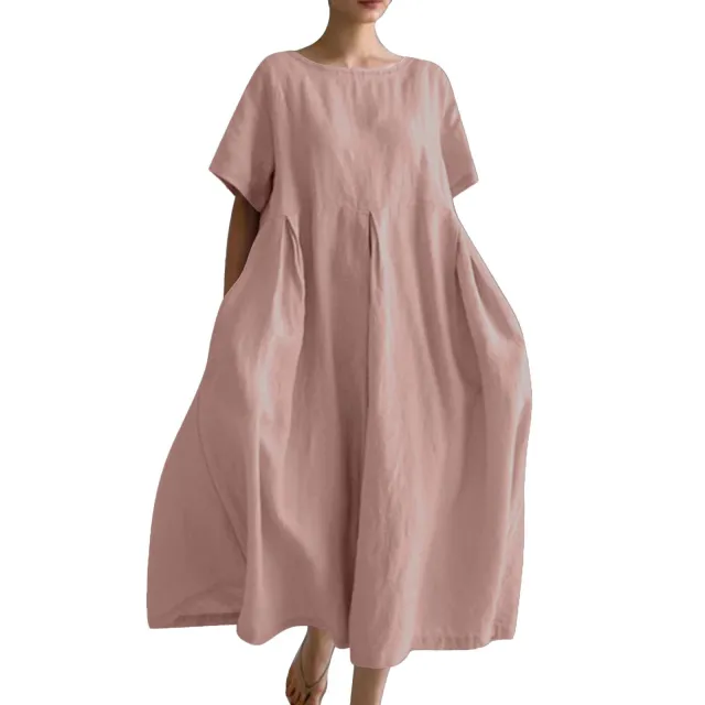 Women's Cotton And Linen Loose Round Neck Short Sleeve Lotus Root Color - Shop at LoveMi