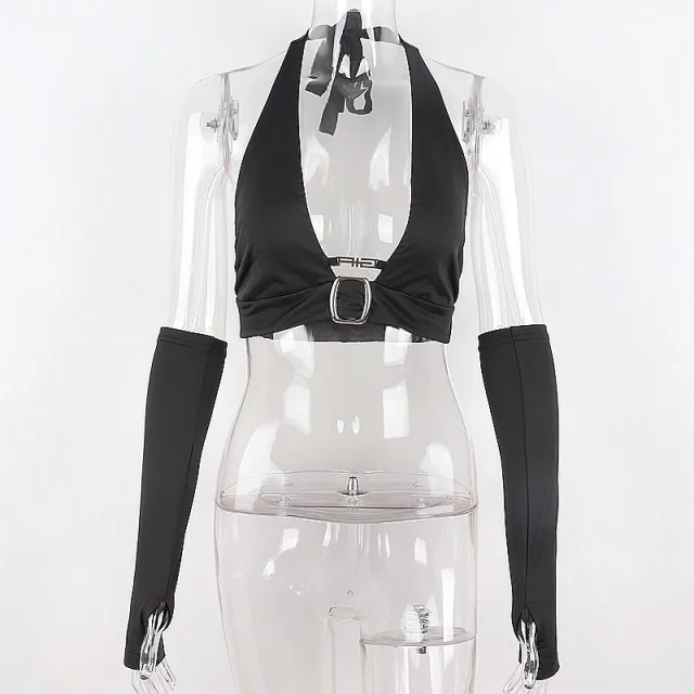 Autumn New Nightclub V neck Metal Backless Slim Fit Halterneck Vest Oversleeve Black - Shop at LoveMi