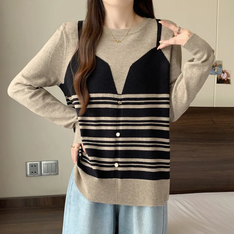 Plus Size Contrast Color Striped Fake Two Pieces Sweater - Khaki