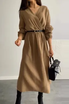 Fashion Long Sleeve Solid Colour Waist Tight Dress - Khaki - View 1