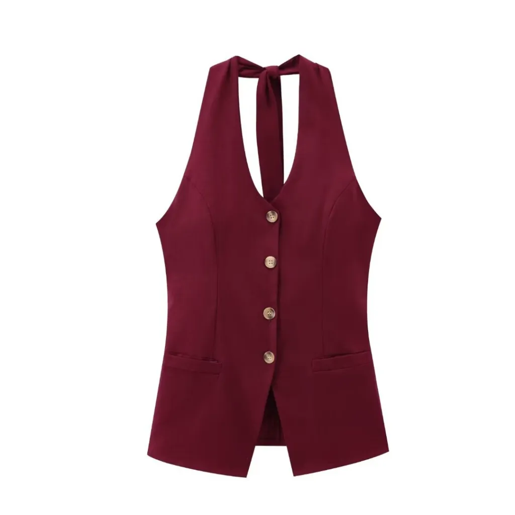 Classic Style Cotton And Linen Halterneck Vest Suit Women's Summer High-grade Trousers - Red