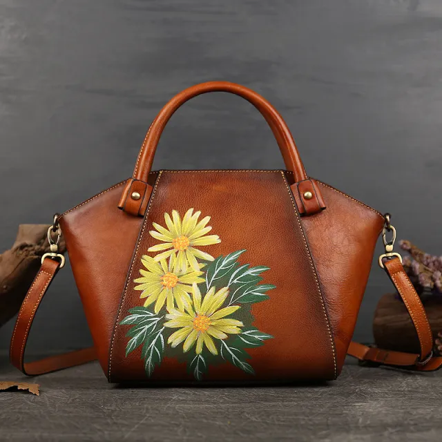 Retro Hand painted Tote Bag First Layer Cowhide Brown - Shop at LoveMi