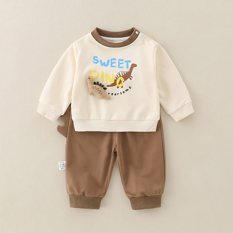 Boys' New Class A Pure Cotton Baby Cartoon Casual Pants Set Brown eyed dinosaur 73cm