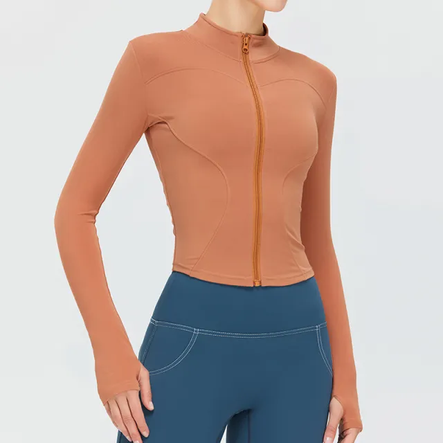 Autumn And Winter Stand Collar Long Sleeve Zipper Cardigan Slimming Sports Workout Clothes Top Caramel Color - Shop at LoveMi