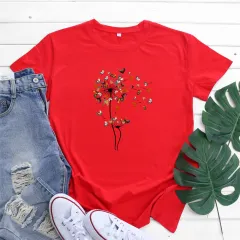 European And American Rooster Dandelion Printed Cotton Short Sleeve - Red - View 1