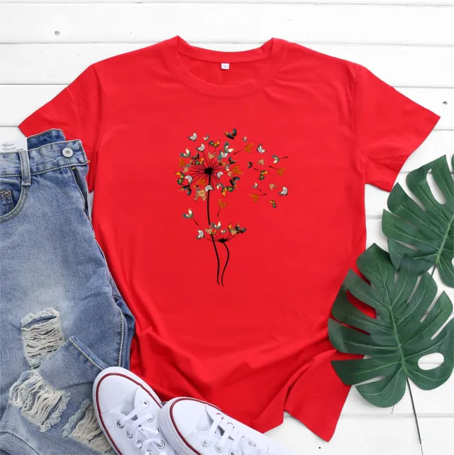 European And American Rooster Dandelion Printed Cotton Short Sleeve Red - Shop at LoveMi