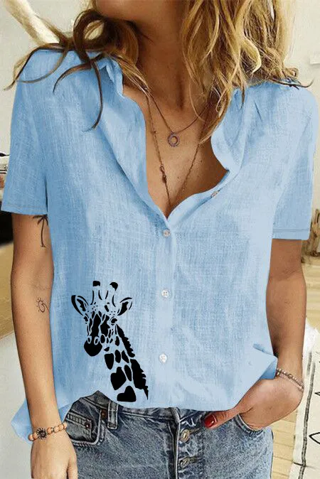 Women's Printed Linen Shirt Short Sleeve Blue 1346 - Shop at LoveMi