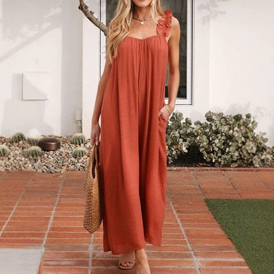Casual Resort Wide-leg Pants With Straps Ruffled Edges And Pockets