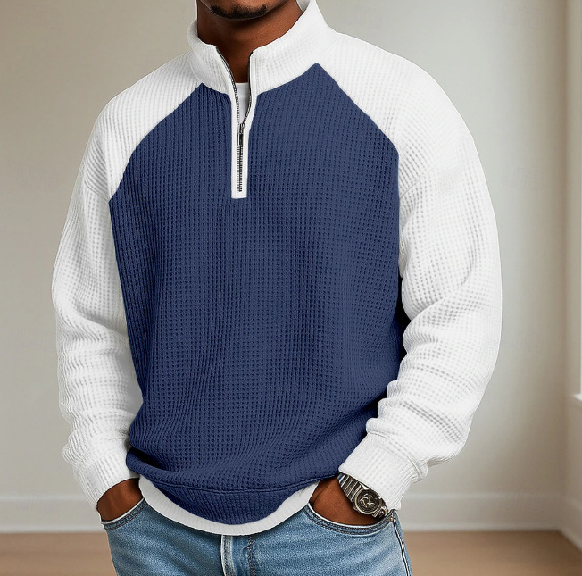 Mens Fashion Color-Block Plus-Size Long-Sleeve Polo Shirt