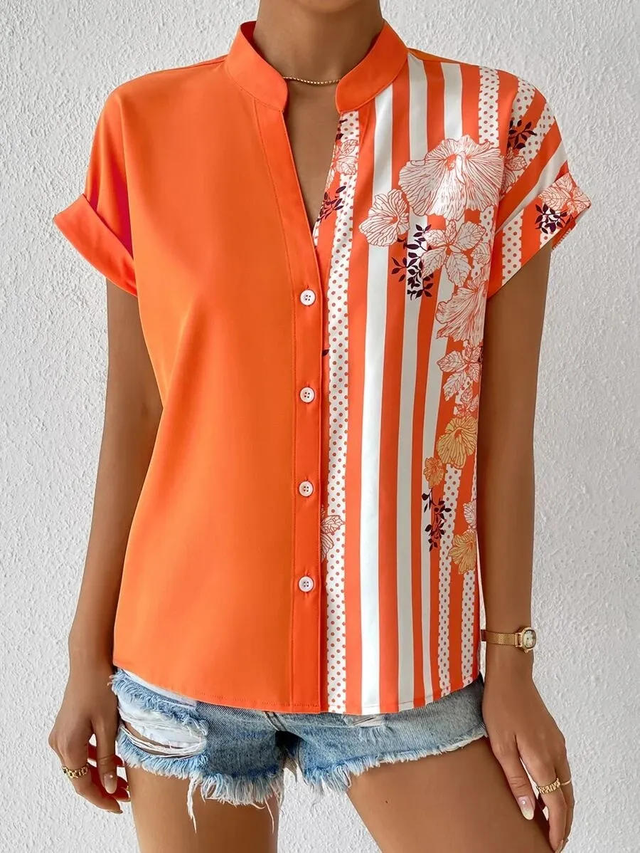 Double Contrast Color Floral Button Cardigan Short Sleeve Shirt - Orange