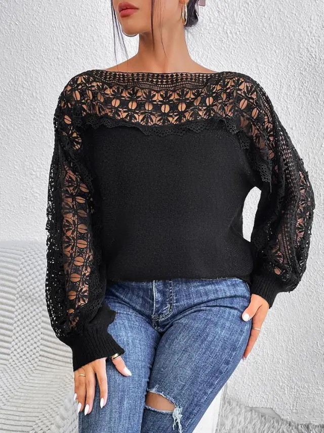 Off neck Embroidered Sweater European And American New French Sweater Lace Hollow Pullover Long Sleeve Sweater Red - Shop at LoveMi