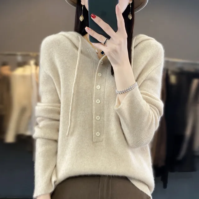 Ladies Hooded Knitted Loose Lazy Wool Coat Raw Velvet Rice - Shop at LoveMi