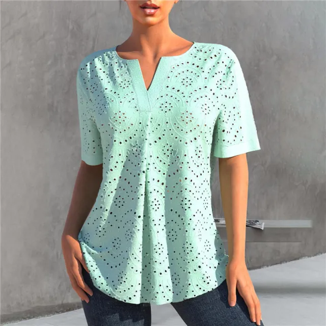 Women's Embroidered Hollow Out V neck Short sleeved T shirt Top Red - Shop at LoveMi