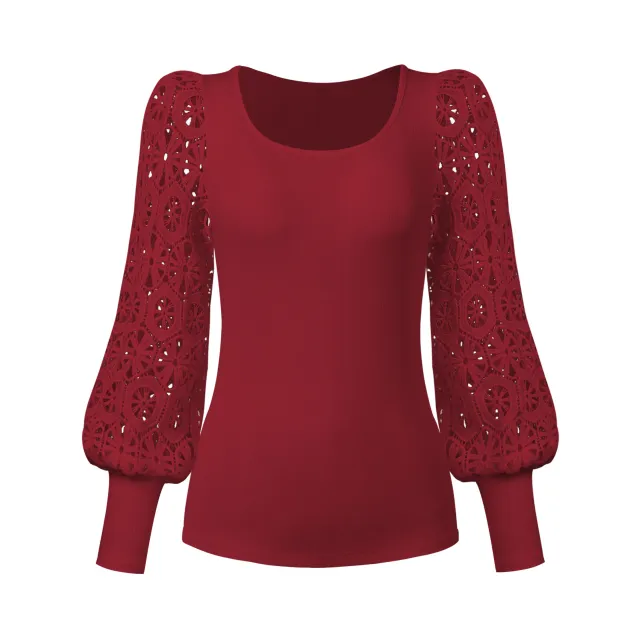 New Fashion Lace Long Sleeve Pullover Small Sunken Stripe T shirt Wine - Shop at LoveMi