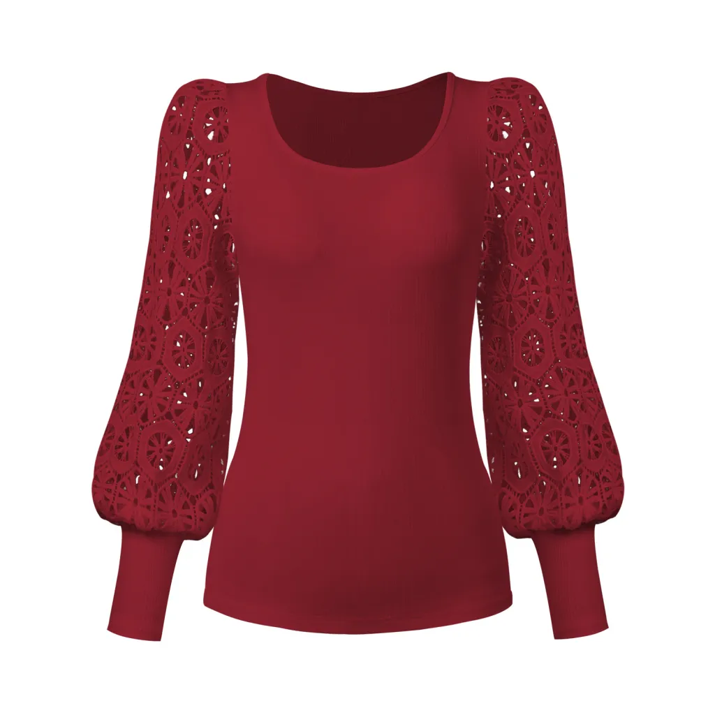 New Fashion Lace Long Sleeve Pullover Small Sunken Stripe T-shirt - Wine