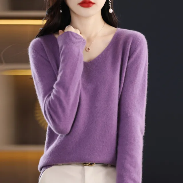 Women's Knitted New V neck Pullover Sweater Wool Base Shirt Dark Purple - Shop at LoveMi