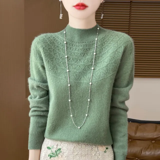 Front Line Ready made Garments Half collar Wool Sweater Women's Inner Wearing Hollow out Loose Knitted Base Pine Green - Shop at LoveMi