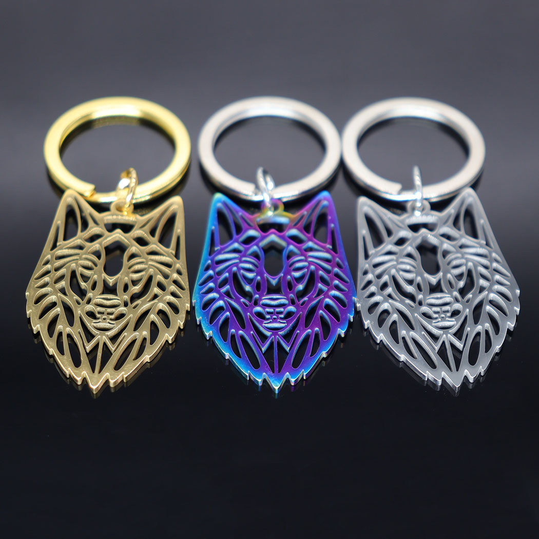 Title 1, Stainless Steel Hollow Wolf Head Pendant Keychain