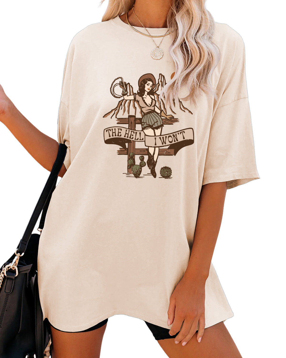 Women's Fashion Casual The Hell I Won't Print Round Neck Short Sleeve Sand Color Xl - Shop at LoveMi