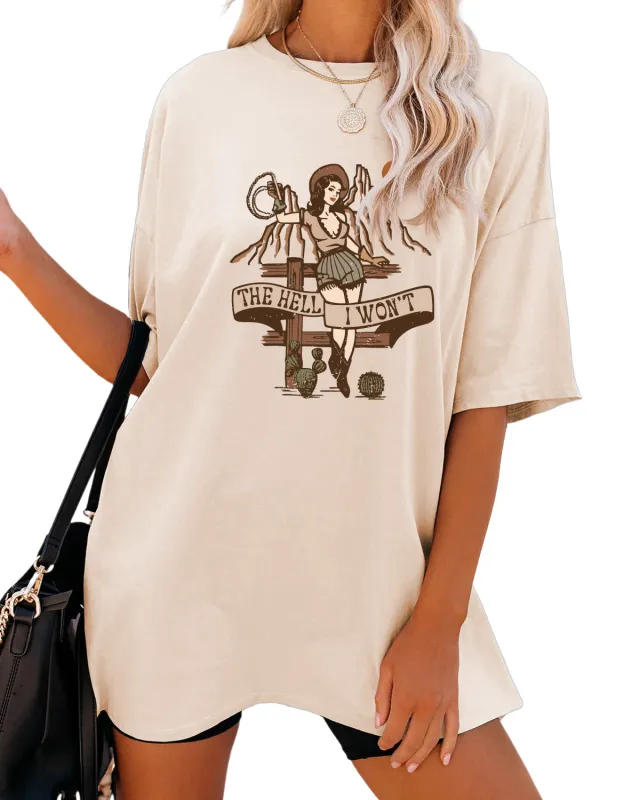 Women's Fashion Casual The Hell I Won't Print Round Neck Short Sleeve Sand Color M - Shop at LoveMi