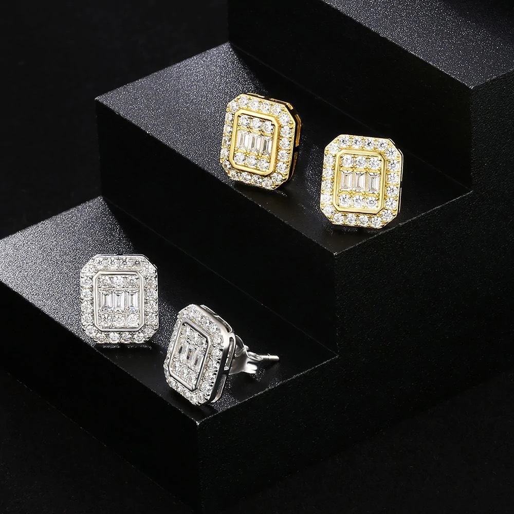 Full-Crystal Hip-Hop Stud Earrings For Men Rectangular Style, Western Design