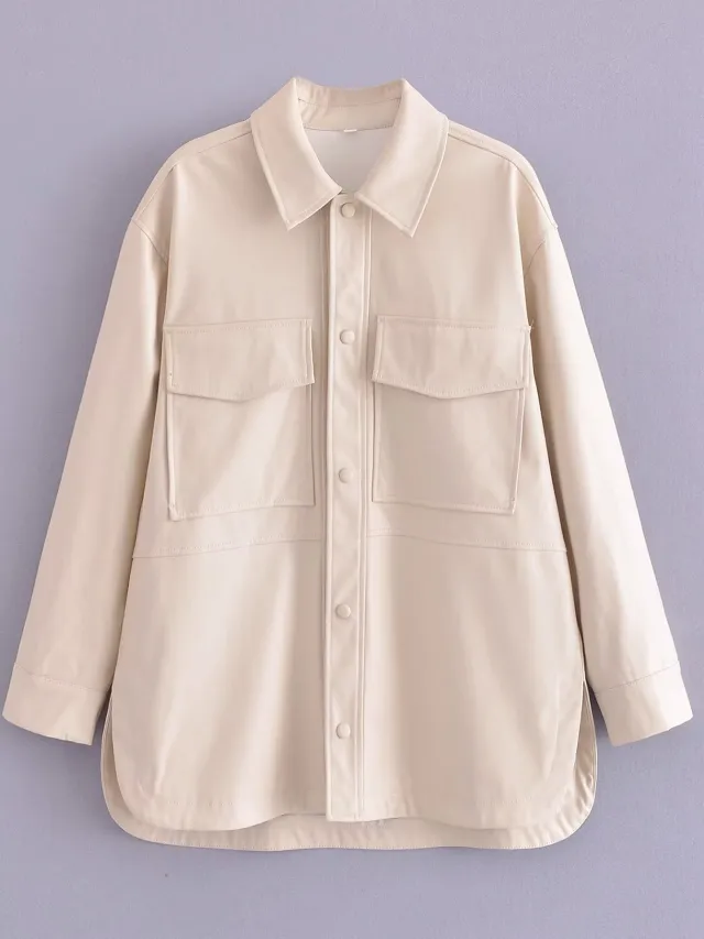 Urban Casual Women's Long sleeved Lapel Loose Shirt Leather Coat Beige - Shop at LoveMi