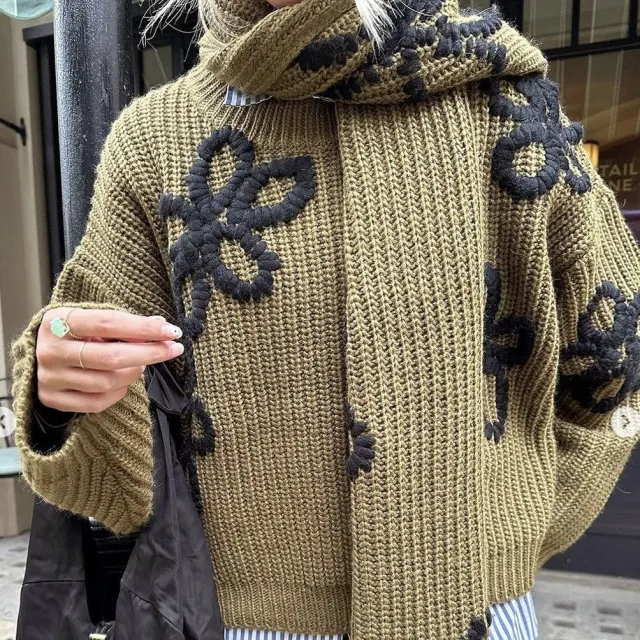 Fashion Casual Thick Needle Crocheted Sweater Pattern Contrast Color Knitted Top For Women Green - Shop at LoveMi