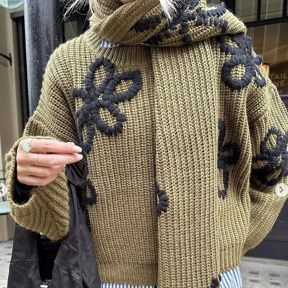 Fashion Casual Thick Needle Crocheted Sweater Pattern Contrast Color Knitted Top For Women - Green