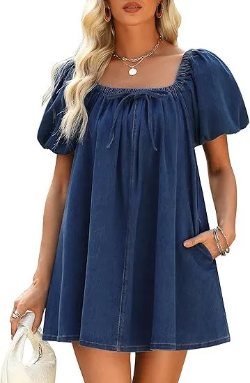 Square Collar Puff Sleeve Lace-up Elegant Denim Dress - Dark Blue